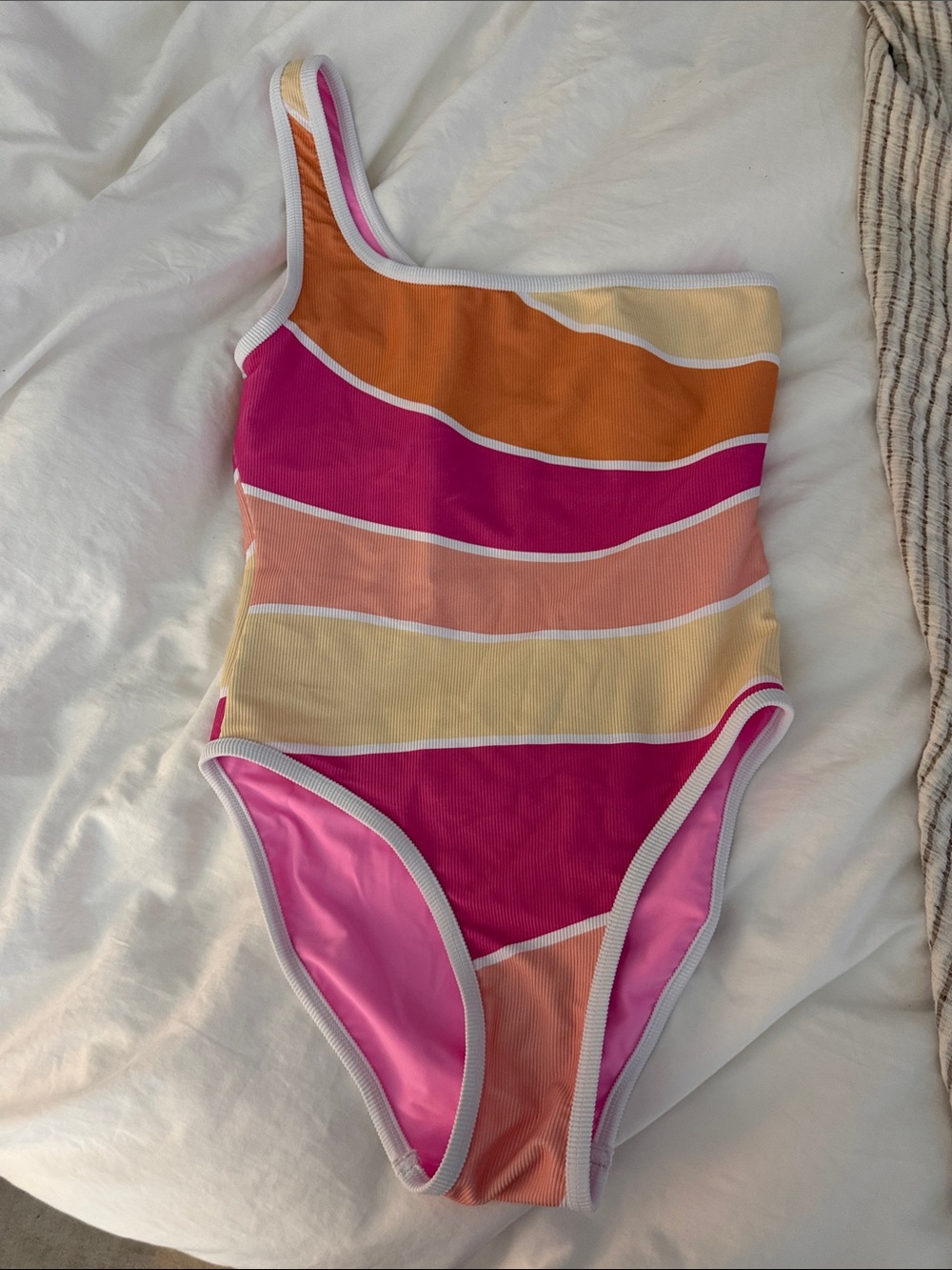 LainSnow Pink Ribbed One-Shoulder Swimsuit with Yellow & Orange Stripes